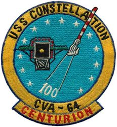 CVA-64 USS Constellation 100 Carrier Landings
Namesake. A constellation, an area on the celestial sphere in which a group of visible stars forms a perceived pattern or outline, typically representing an animal, mythological subject, or inanimate object
Awarded. 1 Jul 1956
Builder: Brooklyn Navy Yard, NY
Laid down: 14 Sep 1957
Launched: 8 Oct 1960
Acquired: 1 Oct 1961
Commissioned: 27 Oct 1961
Decommissioned: 6 Aug 2003
Struck: 2 Dec 2003
Fate: Scrapped in 2017
Class and type: Kitty Hawk-class aircraft carrier
Displacement:	
61,981 short tons (56,228 t) light
82,538 short tons (74,877 t) full load
20,557 short tons (18,649 t) dead
Length:	
1,088 ft (332 m) overall
990 ft (300 m) waterline
Beam:	
282 ft (86 m) extreme
130 ft (40 m) waterline
Draft. 39 ft (12 m)
Propulsion. eight boilers, four steam turbine engines, totaling 280,000 shp (210 MW)
Speed. 34 knots (63 km/h; 39 mph)
Complement. 3,150 – Air Wing: 2,480
Armament:	
2 × Sea Sparrow missile launchers
3 × 20 mm Phalanx CIWS guns,
Formerly: Terrier surface-to-air missile systems.
Aircraft carried. 72 (approx)

