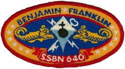 SSBN-640 USS Benjamin Franklin 
Namesake. Benjamin Franklin (1706–1790), an American journalist, publisher, author, philanthropist, abolitionist, public servant, scientist, librarian, diplomat, inventor, and Founding Father
Ordered. 1 Nov 1962
Builder. General Dynamics Electric Boat
Laid down. 25 May 1963
Launched. 5 Dec 1964
Commissioned. 22 Oct 1965
Decommissioned. 23 Nov 1993
Stricken	. 23 Nov 1993
Fate. Scrapping via Ship and Submarine Recycling Program completed 21 Aug 1995
Class and type. Benjamin Franklin-class fleet ballistic missile submarine
Displacement:	
7,300 long tons (7,417 t) surfaced
8,250 long tons (8,382 t) submerged
Length. 	425 ft (130 m)
Beam. 33 ft (10 m)
Draft. 31 ft (9.4 m)
Installed power. 15,000 shp (11,185 kW)
Propulsion. One S5W pressurized-water nuclear reactor, two geared steam turbines, one shaft
Speed. Over 20 knots
Test depth. 1,300 feet (400 m)
Complement. Two crews (Blue Crew and Gold Crew) of 120 men each
Armament:	
16 × ballistic missile tubes
4 × 21 in (533 mm) torpedo tubes (all forward)


