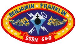 SSBN-640 USS Benjamin Franklin 
Namesake. Benjamin Franklin (1706–1790), an American journalist, publisher, author, philanthropist, abolitionist, public servant, scientist, librarian, diplomat, inventor, and Founding Father
Ordered. 1 Nov 1962
Builder. General Dynamics Electric Boat
Laid down. 25 May 1963
Launched. 5 Dec 1964
Commissioned. 22 Oct 1965
Decommissioned. 23 Nov 1993
Stricken	. 23 Nov 1993
Fate. Scrapping via Ship and Submarine Recycling Program completed 21 Aug 1995
Class and type. Benjamin Franklin-class fleet ballistic missile submarine
Displacement:	
7,300 long tons (7,417 t) surfaced
8,250 long tons (8,382 t) submerged
Length. 	425 ft (130 m)
Beam. 33 ft (10 m)
Draft. 31 ft (9.4 m)
Installed power. 15,000 shp (11,185 kW)
Propulsion. One S5W pressurized-water nuclear reactor, two geared steam turbines, one shaft
Speed. Over 20 knots
Test depth. 1,300 feet (400 m)
Complement. Two crews (Blue Crew and Gold Crew) of 120 men each
Armament:	
16 × ballistic missile tubes
4 × 21 in (533 mm) torpedo tubes (all forward)

