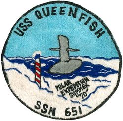 SSN-651 USS Queenfish POLAR EXPEDITION 1970
Namesake. The queenfish, is a species of fish in the family Sciaenidae
Ordered. 26 Mar 1963
Builder	Newport News Shipbuilding and Dry Dock Company, Newport News, Virginia
Laid down. 11 May 1964
Launched. 25 Feb 1966
Commissioned. 6 Dec 1966
Decommissioned. 8 Nov 1991
Out of service. 21 Sep 1990
Stricken	. 14 Apr 1992
Motto. La Reine de la Mer (French for "Queen of the Sea")
Fate. Scrapping via Ship and Submarine Recycling Program begun 1 May 1992, completed 7 April 1993
Class and type. Sturgeon-class submarine
Displacement. 4,060 long tons (4,125 t) light
Length. 292 ft (89 m)
Beam. 31 ft (9.4 m)
Draft. 25 ft (7.6 m)
Installed power. 15,000 shp (11,000 kW)
Propulsion. One S5W nuclear reactor, two steam turbines, one screw
Speed. Over 20 knots (37 km/h; 23 mph)
Test depth. 1,300 ft (400 m)
Complement. 113 (14 officers, 99 enlisted men)
Armament:	
4 × 21-inch (533 mm) torpedo tubes
Mk-48 torpedo
UGM-84A Harpoon anti-ship missile
UUM-44A SUBROC missiles

