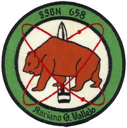 SSBN-658 USS Mariano G Vallejo 
Namesake. Mariano Guadalupe Vallejo (1807-1890), a proponent of California statehood
Ordered. 8 Aug 1963
Builder. Mare Island Naval Shipyard, Vallejo, CA
Laid down. 7 Jul 1964
Launched. 23 Oct 1965
Commissioned. 	16 Dec 1966
Decommissioned. 9 Mar 1995
Stricken	. 9 Mar 1995
Fate. Scrapping via Ship and Submarine Recycling Program begun 1 Oct 1994, completed 22 Dec 1995
Class and type. Benjamin Franklin-class fleet ballistic missile submarine
Displacement:	
6,465 long tons (6,569 t) light
7,300 long tons (7,417 t) surfaced
8,250 long tons (8,382 t) submerged
Length. 	425 ft (130 m)
Beam. 33 ft (10 m)
Draft. 31 ft (9.4 m)
Installed power. 15,000 shp (11,185 kW)
Propulsion. One S5W pressurized-water nuclear reactor, two geared steam turbines, one shaft
Speed. Over 20 knots (37 km/h; 23 mph)
Test depth. 1,300 feet (400 m)
Complement. Two crews (Blue Crew and Gold Crew) of 120 men each
Armament:	
16 × ballistic missile tubes
4 × 21 in (533 mm) forward torpedo tubes

