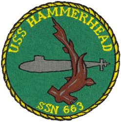SSN-663 USS Hammerhead 
Namesake. The sea devil (Manta birostria), also known as the manta ray and devil ray
Ordered. 28 May 1964
Builder. Newport News Shipbuilding and Dry Dock Company, Newport News, Virginia
Laid down. 12 Apr 1966
Launched. 5 Oct 1967
Commissioned. 30 Jan 1969
Decommissioned. 16 Oct 1991
Stricken	. 6 Oct 1991
Fate. Scrapping via Ship and Submarine Recycling Program begun 1 Mar 1998, completed 7 Sep 1999
Class and type. Sturgeon-class attack submarine
Displacement:	
3,860 long tons (3,922 t) light
4,268 long tons (4,336 t) full
408 long tons (415 t) dead
Length. 292 ft 3 in (89.08 m)
Beam. 31 ft 8 in (9.65 m)
Draft. 28 ft 8 in (8.74 m)
Installed power. 15,000 shaft horsepower (11.2 megawatts)
Propulsion. One S5W nuclear reactor, two steam turbines, one screw
Speed:	
15 knots (28 km/h; 17 mph) surfaced
25 knots (46 km/h; 29 mph) submerged
Test depth. 1,300 feet (400 meters)
Complement. 108
Armament. 4 × 21-inch (533 mm) torpedo tubes


