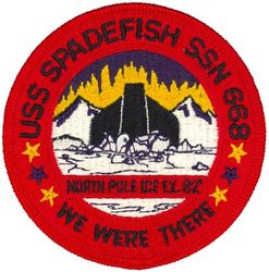 SSN-668 USS Spadefish NORTH POLE ICE EXERCISE 1982
Namesake. The spadefish
Ordered. 9 Mar 1965
Builder. Newport News Shipbuilding and Dry Dock Company, Newport News, Virginia
Laid down. 21 Dec 1966
Launched. 15 May 1968
Commissioned. 14 Aug 1969
Decommissioned. 11 Apr 1997
Stricken. 11 Apr 1997
Homeport. Naval Station Norfolk, Norfolk, VA
Motto. UBI ACTIO EST (Where The Action Is)
Fate. Scrapping via Ship and Submarine Recycling Program begun 1 Oct 1996, completed 24 Oct 1997
Class and type. Sturgeon-class attack submarine
Displacement:	
3,995 long tons (4,059 t) light
4,291 long tons (4,360 t) full
296 long tons (301 t) dead
Length. 292 ft 3 in (89.08 m)
Beam. 31 ft 8 in (9.65 m)
Draft. 28 ft 8 in (8.74 m)
Installed power.	15,000 shaft horsepower (11.2 megawatts)
Propulsion. One S5W nuclear reactor, two steam turbines, one screwctor
Speed:	
15 knots (28 km/h; 17 mph) surfaced
25 knots (46 km/h; 29 mph) submerged
Test depth. 1,300 feet (400 meters)
Complement. 109 (14 officers, 95 enlisted men)
Armament:	
4 × 21-inch (533 mm) torpedo tubes
Mark 48 torpedoes
UUM-44A SUBROC missiles
UGM-84A/C Harpoon missiles
Tomahawk cruise missiles
Tube-launched mobile mines

