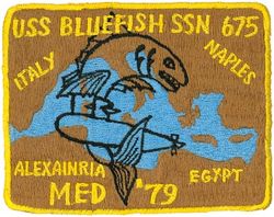SSN-675 USS Bluefish MEDITERRANEAN CRUISE 1979
Namesake. The bluefish
Ordered. 15 Jul 1966
Builder	General Dynamics Electric Boat, Groton, Connecticut
Laid down. 13 Mar 1968
Launched. 10 Jan 1970
Commissioned. 8 Jan 1971
Decommissioned. 31 May 1996
Stricken	. 31 May 1996
Motto. Blue Thunder from Down Under!
Fate. Scrapping via Ship and Submarine Recycling Program completed 1 Nov 2003
Class and type. Sturgeon-class attack submarine
Displacement:	
3,978 long tons (4,042 t) light
4,270 long tons (4,339 t) full
292 long tons (297 t) dead
Length. 292 ft 3 in (89.08 m)
Beam. 31 ft 8 in (9.65 m)
Draft. 28 ft 8 in (8.74 m)
Installed power.	15,000 shaft horsepower (11.2 megawatts)
Propulsion. One S5W nuclear reactor, two steam turbines, one screw
Speed:	
15 knots (28 km/h; 17 mph) surfaced
25 knots (46 km/h; 29 mph) submerged
Test depth. 1,300 feet (396 meters)
Complement. 109 (14 officers, 95 enlisted men)
Armament:	
4 × 21-inch (533 mm) torpedo tubes amidships aft of bow
Mark 48 torpedoes
UUM-44A SUBROC missiles
UGM-84A/C Harpoon missiles
Mark 57 deep-water mines
Mark 60 CAPTOR mines

