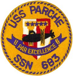 SSN-683 USS Parche 
Namesake. The parche, a type of butterfly fish
Ordered. 25 Jun 1968
Builder. Ingalls Shipbuilding, Pascagoula, MS
Laid down. 10 Dec 1970
Launched. 13 Jan 1973
Commissioned. 17 Aug 1974
Decommissioned. 19 Oct 2004
Stricken. 18 Jul 2005
Motto. Par Excellence
Honors and awards:	
9 Presidential Unit Citations
10 Navy Unit Commendations
13 Navy Expeditionary Medals
Fate. Scrapping via Ship and Submarine Recycling Program completed 30 Nov 2006
Class and type. Sturgeon-class attack submarine
Displacement:	
As built:
3,978 long tons (4,042 t) light
4,270 long tons (4,339 t) full
292 long tons (297 t) dead
Length:
As built: 302 ft 3 in (92.13 m)
After 1987–1991 lengthening: 401 ft (122 m)
Beam. 31 ft 8 in (9.65 m)
Draft. 28 ft 8 in (8.74 m)
Installed power.	15,000 shaft horsepower (11.2 megawatts)
Propulsion. One S5W nuclear reactor, two steam turbines, one screw
Speed:	
15 knots (28 km/h; 17 mph) surfaced
25 knots (46 km/h; 29 mph) submerged
Test depth. 1,300 feet (396 meters)
Complement:	
As built: 112 (14 officers, 98 enlisted men)
After 1987–1991 modifications: 179 (22 officers, 157 enlisted men)
Armament. 4 × 21-inch (533 mm) torpedo tubes

