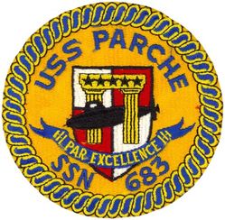 SSN-683 USS Parche 
Namesake. The parche, a type of butterfly fish
Ordered. 25 Jun 1968
Builder. Ingalls Shipbuilding, Pascagoula, MS
Laid down. 10 Dec 1970
Launched. 13 Jan 1973
Commissioned. 17 Aug 1974
Decommissioned. 19 Oct 2004
Stricken. 18 Jul 2005
Motto. Par Excellence
Honors and awards:	
9 Presidential Unit Citations
10 Navy Unit Commendations
13 Navy Expeditionary Medals
Fate. Scrapping via Ship and Submarine Recycling Program completed 30 Nov 2006
Class and type. Sturgeon-class attack submarine
Displacement:	
As built:
3,978 long tons (4,042 t) light
4,270 long tons (4,339 t) full
292 long tons (297 t) dead
Length:
As built: 302 ft 3 in (92.13 m)
After 1987–1991 lengthening: 401 ft (122 m)
Beam. 31 ft 8 in (9.65 m)
Draft. 28 ft 8 in (8.74 m)
Installed power.	15,000 shaft horsepower (11.2 megawatts)
Propulsion. One S5W nuclear reactor, two steam turbines, one screw
Speed:	
15 knots (28 km/h; 17 mph) surfaced
25 knots (46 km/h; 29 mph) submerged
Test depth. 1,300 feet (396 meters)
Complement:	
As built: 112 (14 officers, 98 enlisted men)
After 1987–1991 modifications: 179 (22 officers, 157 enlisted men)
Armament. 4 × 21-inch (533 mm) torpedo tubes

