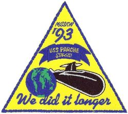 SSN-683 USS Parche 1993 Cruise
Namesake. The parche, a type of butterfly fish
Ordered. 25 Jun 1968
Builder. Ingalls Shipbuilding, Pascagoula, MS
Laid down. 10 Dec 1970
Launched. 13 Jan 1973
Commissioned. 17 Aug 1974
Decommissioned. 19 Oct 2004
Stricken. 18 Jul 2005
Motto. Par Excellence
Honors and awards:	
9 Presidential Unit Citations
10 Navy Unit Commendations
13 Navy Expeditionary Medals
Fate. Scrapping via Ship and Submarine Recycling Program completed 30 Nov 2006
Class and type. Sturgeon-class attack submarine
Displacement:	
As built:
3,978 long tons (4,042 t) light
4,270 long tons (4,339 t) full
292 long tons (297 t) dead
Length:
As built: 302 ft 3 in (92.13 m)
After 1987–1991 lengthening: 401 ft (122 m)
Beam. 31 ft 8 in (9.65 m)
Draft. 28 ft 8 in (8.74 m)
Installed power.	15,000 shaft horsepower (11.2 megawatts)
Propulsion. One S5W nuclear reactor, two steam turbines, one screw
Speed:	
15 knots (28 km/h; 17 mph) surfaced
25 knots (46 km/h; 29 mph) submerged
Test depth. 1,300 feet (396 meters)
Complement:	
As built: 112 (14 officers, 98 enlisted men)
After 1987–1991 modifications: 179 (22 officers, 157 enlisted men)
Armament. 4 × 21-inch (533 mm) torpedo tubes

