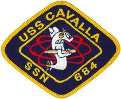 SSN-684 USS Cavalla
Namesake. The cavalla, a salt-water fish
Ordered. 24 Jul 1968
Builder.	General Dynamics Electric Boat, Groton, Connecticut
Laid down. 4 Jun 1970
Launched. 19 Feb 1972
Commissioned.	9 Feb 1973
Decommissioned. 30 Mar 1998
Stricken. 30 Mar 1998
Motto. Any Mission, Any Time
Honors and awards. Meritorious Unit Commendation
Fate. Scrapping via Ship and Submarine Recycling Program completed 17 Nov 2000
Class and type. Sturgeon-class attack submarine
Displacement:	
4,193 long tons (4,260 t) light
4,498 long tons (4,570 t) full
305 long tons (310 t) dead
Length. 302 ft 3 in (92.13 m)
Beam. 31 ft 8 in (9.65 m)
Draft. 28 ft 8 in (8.74 m)
Installed power.	15,000 shaft horsepower (11.2 megawatts)
Propulsion. One S5W nuclear reactor, two steam turbines, one screw
Speed:	
15 knots (28 km/h; 17 mph) surfaced
25 knots (46 km/h; 29 mph) submerged
Test depth. 1,300 feet (396 meters)
Complement. 110 (12 officers, 98 enlisted men)
Armament. 4 × 21-inch (533 mm) torpedo tubes

