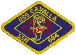 SSN-684 USS Cavalla
Namesake. The cavalla, a salt-water fish
Ordered. 24 Jul 1968
Builder.	General Dynamics Electric Boat, Groton, Connecticut
Laid down. 4 Jun 1970
Launched. 19 Feb 1972
Commissioned.	9 Feb 1973
Decommissioned. 30 Mar 1998
Stricken. 30 Mar 1998
Motto. Any Mission, Any Time
Honors and awards. Meritorious Unit Commendation
Fate. Scrapping via Ship and Submarine Recycling Program completed 17 Nov 2000
Class and type. Sturgeon-class attack submarine
Displacement:	
4,193 long tons (4,260 t) light
4,498 long tons (4,570 t) full
305 long tons (310 t) dead
Length. 302 ft 3 in (92.13 m)
Beam. 31 ft 8 in (9.65 m)
Draft. 28 ft 8 in (8.74 m)
Installed power.	15,000 shaft horsepower (11.2 megawatts)
Propulsion. One S5W nuclear reactor, two steam turbines, one screw
Speed:	
15 knots (28 km/h; 17 mph) surfaced
25 knots (46 km/h; 29 mph) submerged
Test depth. 1,300 feet (396 meters)
Complement. 110 (12 officers, 98 enlisted men)
Armament. 4 × 21-inch (533 mm) torpedo tubes

