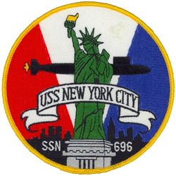 SSN-696 USS New York City
Name. USS New York City (SSN-696)
Namesake. City of New York
Awarded. 24 Jan 1972
Builder. General Dynamics Corporation
Laid down. 15 Dec 1973
Launched. 18 Jun 1977
Commissioned. 3 Mar 1979
Decommissioned. 30 Apr 1997
Stricken. 30 Apr 1997
Fate. To be disposed of by submarine recycling
Class and type. Los Angeles-class submarine
Displacement:
5,731 tons light
6,111 tons full
380 tons dead
Length. 110.3 m (361 ft 11 in)
Beam. 10 m (32 ft 10 in)
Draft. 9.7 m (31 ft 10 in)
Propulsion. S6G nuclear reactor, 2 turbines, 35,000 hp (26,000 kW), 1 auxiliary motor 325 hp (242 kW), 1 shaft
Speed. 15 knots (28 km/h) surfaced; 32 knots (59 km/h) submerged
Test depth. 290 m (950 ft)
Complement. 12 officers, 98 men
Armament:
4 × 21 inch (533 mm) torpedo tubes
UGM-84 Harpoon
Tomahawk missiles
Mark 48 torpedoes

