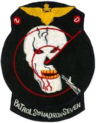 Patrol Squadron 7 (VP-7)
Established as Bombing Squadron ONE HUNDRED NINETEEN (VB-119) on 15 Aug 1944. Redesignated Patrol Bombing Squadron ONE HUNDRED NINETEEN (VPB-119) on 1 Oct 1944; Patrol Squadron ONE HUNDRED NINETEEN (VP-119) on 15 May 1946; Heavy Patrol Squadron (Landplane) NINE (VP-HL-9) on 15 Nov 1946; Medium Patrol Squadron (Landplane) SEVEN (VP-ML-7) on 25 Jun 1947; Patrol Squadron SEVEN (VP-7) on 1 Sep 1948, the second squadron to be assigned the VP-7 designation. Disestablished on 8 Oct 1969.

Lockheed P2V-2 Neptune, 1947-1949
Lockheed P2V-3 Neptune, 1949-1950
Lockheed P2V-4 Neptune, 1950-1953
Lockheed P2V-5/5F Neptune, 1953-1962
Martin SP-2H Marlin, 1962-1969

Insignia (3rd) approved by CNO on 19 Jan 1950.

