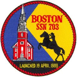 SSN-703 USS Boston 
Namesake. Boston, Massachusetts
Awarded. 10 Dec 1973
Builder.	General Dynamics Corporation
Laid down. 11 Aug 1978
Launched. 19 Apr 1980
Commissioned.	30 Jan 1982
Decommissioned. 19 Nov 1999
Stricken	. 19 Nov 1999
Motto. Freedom's Birthplace
Fate. Scrapped with only the sail on display at Buffalo and Erie County Naval & Military Park
Class and type. Los Angeles-class submarine
Displacement. 5,779 tons light, 6,150 tons full, 371 tons dead
Length. 110.3 m (361 ft 11 in)
Beam. 10 m (32 ft 10 in)
Draft. 9.7 m (31 ft 10 in)
Propulsion. S6G nuclear reactor
Complement. 12 officers, 98 men
Armament:	
4 × 21 in (533 mm) torpedo tubes
MK.48 ADCAP torpedoes
Tomahawk Land Attack cruise missile (TLAM)
MK60 mines
MK67 SLMM mines

