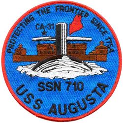 SSN-710 USS Augusta 
Namesake. Augusta, ME
Awarded. 10 Dec 1973
Builder. General Dynamics Corporation
Laid down. 1 Apr 1983
Launched. 21 Jan 1984
Acquired. 5 Dec 1984
Commissioned. 19 Jan 1985
Decommissioned. 11 Feb 2009
Stricken. 11 Feb 2009
Homeport. Groton, CT
Motto. Protecting The Frontier Since 1754 "Any Mission, Any Time"
Honors and awards: Arctic Service, Navy Expeditionary, Battle "E", Navy Unit Commendation, Global War On Terrorism Expeditionary, Global War On Terrorism Service, Sea Service
Fate. Stricken, to be disposed of by submarine recycling
Class and type. Los Angeles-class submarine
Displacement:	
5,763 long tons (5,855 t) surfaced
6,130 long tons (6,228 t) submerged
6,136,730 long tons (6,235,206 t) dead
Length. 362 ft (110.3 m)
Beam. 33 ft (10 m)
Draft. 32 ft (9.8 m)
Propulsion. S6G reactor
Complement. 12 officers, 98 men
Sensors and processing systems	BQQ-5 passive sonar, BQS-15 detecting and ranging sonar, WLR-8 fire control radar receiver, WLR-9 acoustic receiver for detection of active search sonar and acoustic homing torpedoes, BRD-7 radio direction finder
Armament: 
4 × 21 in (533 mm) bow tubes, 10 Mk48 ADCAP torpedo reloads
Tomahawk land attack missile block 3 SLCM range 1,700 nautical miles (3,100 km)
Harpoon anti–surface ship missile range 70 nautical miles (130 km)
mine laying Mk67 mobile Mk60 captor mines

