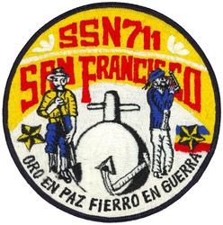 SSN-711 USS San Francisco 
Namesake. City and County of San Francisco, CA
Awarded. 1 Aug 1975
Builder.	Newport News Shipbuilding
Laid down. 26 May 1977
Launched. 27 Oct 1979
Acquired. 7 Apr 1981
Commissioned. 	24 Apr 1981
Decommissioned. 15 May 2022
Out of service. 11 May 2017 (decommissioned on 15 May 2022)
Motto. Oro en Paz, Fierro en Guerra ("Gold in Peace, Iron in War")
Status. Currently a moored training ship at the Nuclear Power School
Class and type. Los Angeles-class submarine
Displacement. 5,759 tons light, 6,145 tons full, 386 tons dead
Length.	110.3 m (361 ft 11 in)
Beam. 10 m (32 ft 10 in)
Draft. 9.7 m (31 ft 10 in)
Propulsion. S6G nuclear reactor
Complement. 12 officers, 115 men
Armament. 4 × 21 in (533 mm) torpedo tubes

