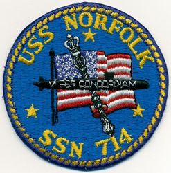 SSN-714 USS Norfolk 
Namesake. Norfolk, VA
Awarded. 20 Feb 1976
Builder.	Newport News Shipbuilding
Laid down. 1 Aug 1979
Launched. 31 Oct 1981
Commissioned.	21 May 1983
Decommissioned. 11 Dec 2014
Stricken. 11 Dec 2014. To be disposed of by submarine recycling
Homeport. Norfolk, Virginia
Motto. Vi per Concordiam (Latin: "Strength through Unity")
Class and type. Los Angeles-class submarine
Displacement. 5,751 tons light, 6,126 tons full, 375 tons dead
Length. 110.3 m (361 ft 11 in)
Beam. 10 m (32 ft 10 in)
Draft. 9.7 m (31 ft 10 in)
Propulsion. S6G nuclear reactor
Complement. 12 officers, 98 enlisted
Armament. 4 × 21 in (533 mm) torpedo tubes

