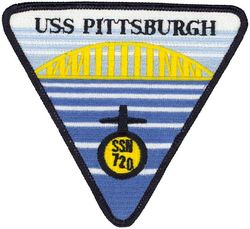 SSN-720  USS Pittsburgh 

Namesake. The City of Pittsburgh, Pennsylvania
Awarded. 16 Apr 1979
Builder. General Dynamics Electric Boat
Laid down. 15 Apr 1983
Launched. 8 Dec 1984
Commissioned. 23 Nov 1985
Decommissioned. 15 Apr 2020
Out of service. 6 Aug 2019
Homeport. Groton, Connecticut
Motto. Heart of Steel
Status. Decommissioned
Class and type. Los Angeles-class submarine
Displacement:	
5,802 long tons (5,895 t) light
6,193 long tons (6,292 t) full
391 long tons (397 t) dead
Length. 110.3 m (361 ft 11 in)
Beam. 10 m (32 ft 10 in)
Draft. 9.4 m (30 ft 10 in)
Propulsion:	
1 × S6G PWR nuclear reactor with D2W core (165 MW), HEU 93.5%)
2 × steam turbines (33,500) shp
1 × shaft
1 × secondary propulsion motor 325 hp (242 kW)
Speed:
Surfaced. 20 knots (23 mph; 37 km/h)
Submerged. +20 knots (23 mph; 37 km/h) (official)
Complement. 12 officers, 98 men
Sensors and processing systems. BQQ-5 passive sonar, BQS-15 detecting and ranging sonar, WLR-8 fire control radar receiver, WLR-9 acoustic receiver for detection of active search sonar and acoustic homing torpedoes, BRD-7 radio direction finder
Armament. 4 × 21 in (533 mm) bow tubes, 10 Mk48 ADCAP torpedo reloads, Tomahawk land attack missile block 3 SLCM range 1,700 nautical miles (3,100 km), Harpoon anti–surface ship missile range 70 nautical miles (130 km), mine laying Mk67 mobile Mk60 captor mines

