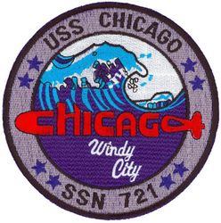 SSN-721 USS Chicago 
Namesake. The City of Chicago, Il
Ordered. 13 Aug 1981
Builder.	Newport News Shipbuilding and Dry Dock Company, Newport News, VA
Laid down. 5 Jan 1983
Launched. 13 Oct 1984
Commissioned. 27 Sep 1986
Decommissioned. 21 Jul 2023
Out of service. 24 Jan 2023
Homeport. Naval Base Kitsap-Bremerton
Motto. We Will
Status. Decommissioned and struck
Class and type. Los Angeles-class submarine
Displacement:
5,759 tons light,
6,162 tons full,
403 tons dead
Length. 362 ft (110 m)
Beam. 33 ft (10 m)
Draft. 31 ft (9.4 m)
Propulsion:	
1 × S6G PWR nuclear reactor with D2W core (165 MW), HEU 93.5%)
2 × steam turbines (33,500) shp
1 × shaft
1 × secondary propulsion motor 325 hp (242 kW)
Speed:
Surfaced. 20 knots (23 mph; 37 km/h)
Submerged.  +20 knots (23 mph; 37 km/h) (official)
Complement. 12 officers, 98 men
Sensors and processing systems. BQQ-5 passive sonar, BQS-15 detecting and ranging sonar, WLR-8 fire control radar receiver, WLR-9 acoustic receiver for detection of active search sonar and acoustic homing torpedoes, BRD-7 radio direction finder
Armament. 4 × 21 in (533 mm) bow tubes, 12x Vertical Launching System tubes, 27 Mk48 ADCAP torpedo reloads, Tomahawk land attack missile block 3 SLCM range 1,700 nautical miles (3,100 km), Harpoon anti–surface ship missile range 70 nautical miles (130 km), mine laying Mk67 mobile Mk60 captor mines

