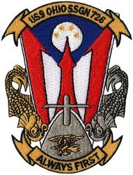 SSGN-726 USS Ohio 
Namesake. State of Ohio
Ordered. 1 Jul 1974
Builder.	General Dynamics Electric Boat
Laid down. 10 Apr 1976
Launched. 7 Apr 1979
Commissioned.	11 Nov 1981
Homeport. Bangor, WA
Motto. Always first
Nickname. First and Finest!
Status. in active service
Class and type. Ohio class ballistic missile submarine
Displacement:	
16,764 metric tons (16,499 long tons) surfaced
18,750 metric tons (18,450 long tons) submerged
Length. 560 ft (170 m)
Beam. 42 ft (13 m)
Propulsion:	
1 × S8G PWR nuclear reactor[3] (HEU 93.5%)
2 × geared turbines
1 × 325 hp (242 kW) auxiliary motor
1 × shaft @ 60,000 shp (45,000 kW)
Speed:	
12 knots (14 mph; 22 km/h) surfaced
+20 knots (23 mph; 37 km/h) submerged (official)
25 knots (29 mph; 46 km/h) submerged (reported)
Range. unlimited
Endurance. approximately 60 days with food supplies
Test depth. +800 ft (240 m)
Crew. 15 officers, 140 enlisted
Sensors and processing systems: BQQ-6 Bow mounted sonar; BQR-19 Navigation; BQS-13 Active sonar; TB-16 towed array
Armament: 4 × 21 inch (533 mm) bow torpedo tubes.
As SSBN:
24 × Trident II C4 SLBM, each with up to 8 MIRVed W76 nuclear warheads
SSGN conversion:
22 tubes, each with 7 Tomahawk cruise missiles

