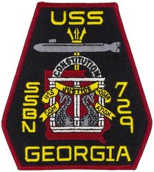 SSBN-729 USS Georgia
Namesake. State of Georgia
Ordered. 20 Feb 1976
Builder.	General Dynamics Electric Boat
Laid down. 7 Apr 1979
Launched. 6 Nov 1982
Commissioned.	11 Feb 1984
Homeport. Kings Bay, GA
Motto. Furtim, Incurso, Mutatio (English: Stealth, Attack, Change)
Status. in active service
Class and type. Ohio-class ballistic missile submarine
Displacement:	
16,764 long tons (17,033 t) surfaced
18,750 long tons (19,050 t) submerged
Length. 560 ft (170 m)
Beam. 42 ft (13 m)
Draft. 38 ft (12 m)
Propulsion:	
1 × S8G PWR nuclear reactor[1] (HEU 93.5%)
2 × geared turbines
1 × 325 hp (242 kW) auxiliary motor
1 × shaft @ 60,000 shp (45,000 kW)
Speed. Greater than 25 knots (46 km/h; 29 mph)
Test depth. Greater than 800 feet (240 m)
Complement	
15 officers, 140 enlisted
Armament:	
4 × 21 in (533 mm) torpedo tubes
154 × BGM-109 Tomahawks in 22 groups of seven


