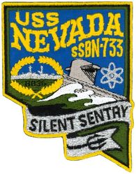 SSBN-733 USS Nevada
Namesake. The U.S. state of Nevada
Ordered. 7 Jan 1981
Builder.	General Dynamics Electric Boat, Groton, Connecticut
Laid down. 8 Aug 1983
Launched. 14 Sep 1985
Commissioned. 16 Aug 1986
Homeport. Bangor, Washington
Motto. Silent Sentry
Honors and awards:	
Both Crews: Battle Efficiency Award (Battle "E") 2005
Blue Crew: Battle "E" 2006
Gold Crew Engineering "E", Supply "S", Tactical "T", Medical "M", Deck "D", 2006 and 2007
Both Crews: Omaha Trophy 2018
Status. in active service
Class and type. Ohio-class ballistic missile submarine
Displacement:	
16,764 long tons (17,033 t) surfaced
18,750 long tons (19,050 t) submerged
Length. 560 ft (170 m)
Beam. 42 ft (13 m)
Draft. 38 ft (12 m)
Propulsion:	
1 × S8G PWR nuclear reactor[1] (HEU 93.5%)
2 × geared turbines
1 × 325 hp (242 kW) auxiliary motor
1 × shaft @ 60,000 shp (45,000 kW)
Speed. Greater than 25 knots (46 km/h; 29 mph)
Test depth. Greater than 800 feet (240 m)
Complement, 15 officers, 140 enlisted
Armament:	
MK-48 torpedoes
20 × Trident II D-5 ballistic missiles

