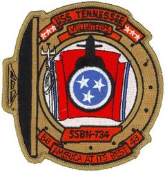 SSBN-734 USS Tennessee 
Namesake. The U.S. state of Tennessee
Ordered. 7 Jan 1982
Builder.	General Dynamics Electric Boat, Groton, Connecticut
Laid down. 9 Jun 1986
Launched. 13 Dec 1986
Commissioned. 17 Dec 1988
Homeport. Kings Bay, GA
Motto. America at Its Best
Status. in active service
Class and type. Ohio-class ballistic missile submarine
Displacement:	
16,764 long tons (17,033 t) surfaced
18,750 long tons (19,050 t) submerged
Length. 560 ft (170 m)
Beam. 42 ft (13 m)
Draft. 38 ft (12 m)
Propulsion:	
1 × S8G PWR nuclear reactor[1] (HEU 93.5%)
2 × geared turbines
1 × 325 hp (242 kW) auxiliary motor
1 × shaft @ 60,000 shp (45,000 kW)
Speed. Greater than 25 knots (46 km/h; 29 mph)
Test depth. Greater than 800 feet (240 m)
Complement. 15 officers, 140 enlisted
Armament:	
MK-48 torpedoes
20 × Trident II D-5 ballistic missiles

