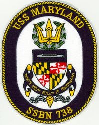 SSBN-738 USS Maryland
Namesake. State of Maryland
Ordered. 14 Mar 1986
Builder.	General Dynamics Electric Boat, Groton, Connecticut
Laid down. 22 Apr 1986
Launched. 10 Aug 1991
Commissioned. 13 Jun 1992
Motto. Timete Deum Solum et Ignominiam ("Fear Only God and Dishonor")
Nickname. Fighting Mary
Class and type. Ohio-class ballistic missile submarine
Displacement:	
16,764 long tons (17,033 t) surfaced[2][3]
18,750 long tons (19,050 t) submerged[2]
Length. 	560 ft (170 m)
Beam. 42 ft (13 m)[2]
Draft. 38 ft (12 m)
Propulsion:	
1 × S8G PWR nuclear reactor[2] (HEU 93.5%)
2 × geared turbines
1 × 325 hp (242 kW) auxiliary motor
1 × shaft @ 60,000 shp (45,000 kW)
Speed. Greater than 25 knots (46 km/h; 29 mph)
Test depth. Greater than 800 feet (240 m)
Complement. 15 officers. 140 enlisted
Armament:	
MK-48 torpedoes
20 × Trident II D-5 ballistic missiles

