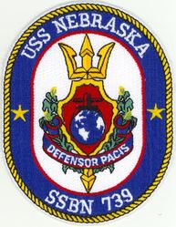 SSBN-739 USS Nebraska 
Namesake. The U.S. state of Nebraska
Ordered. 26 May 1987
Builder. General Dynamics Electric Boat, Groton, Connecticut
Laid down. 6 Jul 1987
Launched. 15 Aug 1992
Commissioned. 10 Jul 1993
Homeport. Bangor, WA
Motto. Defensor Pacis ("The Defender of Peace")
Status. in active service
Class and type. Ohio class ballistic missile submarine
Displacement:	
16,764 long tons (17,033 t) surfaced
18,750 long tons (19,050 t) submerged
Length. 560 ft (170 m)
Beam. 42 ft (13 m)
Draft. 38 ft (12 m)
Propulsion:	
1 × S8G PWR nuclear reactor (HEU 93.5%)
2 × geared turbines
1 × 325 hp (242 kW) auxiliary motor
1 × shaft @ 60,000 shp (45,000 kW)
Speed. Greater than 25 knots (46 km/h; 29 mph)
Test depth. Greater than 800 feet (240 m)
Complement. 15 officers, 140 enlisted
Armament:	
MK-48 torpedoes
20 × Trident II D-5 ballistic missiles

 
