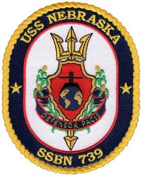 SSBN-739 USS Nebraska
Namesake. The U.S. state of Nebraska
Ordered. 26 May 1987
Builder. General Dynamics Electric Boat, Groton, Connecticut
Laid down. 6 Jul 1987
Launched. 15 Aug 1992
Commissioned. 10 Jul 1993
Homeport. Bangor, WA
Motto. Defensor Pacis ("The Defender of Peace")
Status. in active service
Class and type. Ohio class ballistic missile submarine
Displacement:	
16,764 long tons (17,033 t) surfaced
18,750 long tons (19,050 t) submerged
Length. 560 ft (170 m)
Beam. 42 ft (13 m)
Draft. 38 ft (12 m)
Propulsion:	
1 × S8G PWR nuclear reactor (HEU 93.5%)
2 × geared turbines
1 × 325 hp (242 kW) auxiliary motor
1 × shaft @ 60,000 shp (45,000 kW)
Speed. Greater than 25 knots (46 km/h; 29 mph)
Test depth. Greater than 800 feet (240 m)
Complement. 15 officers, 140 enlisted
Armament:	
MK-48 torpedoes
20 × Trident II D-5 ballistic missiles

