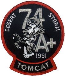 Fighter Squadron 74 (VF-74) (3rd) F-14A+ Tomcat Operation DESERT STORM
Established as Bomber Fighter Squadron TWENTY (VBF-20) on 16 Apr 1945. Redesignated Fighter Squadron TEN A (VF-10A) on 15 Nov 1946; Fighter Squadron NINETY TWO (VF-92) on 1 Sep 1948; Fighter Squadron SEVENTY FOUR (VF-74) (3rd) "Be Devilers" on 15 Feb 1950. Disestablished on 30 Apr 1994.

Vought F4U-4 Corsair, 1945-1945, 1949-1954
Grumman F8F-1 Bearcat, 1945-1949
McDonnell F2H-2 Banshee, 1954
Grumman F9F-8 Cougar, 1954-1956
Douglas F4D-1 Skyray, 1956-1961
McDonnell Douglas F4H-1 (F-4B)/J/S, 1961-1983
Grumman F-14A/B Tomcat, 1983-1994

Insignia approved in 1946.

Deployments.
10 Jan 1951-17 May 1951 USS F. D. Roosevelt (CVB-42) CVG-6, F4U-4	
20 May 1952-8 Jan 1953 USS Bon Homme Richard (CVA-31) CVG-7, F4U-4	
19 Feb 1953-5 May 1953 USS Bennington (CVA-20) CVG-7, F4U-4	
16 Sep 1953-21 Feb 1954 USS Bennington (CVA-20) CVG-7, F4U-4	
9 Oct 1955-30 Apr 1956	USS Lake Champlain (CVA-39) CVG-6, F9F-8	
12 Jul 1957-5 Mar 1958	USS Franklin D. Roosevelt (CVA-42) CVG-17, F4D-1	
13 Feb 1959-30 Aug 1959 USS Intrepid (CVA-11) CVG-6, F4D-1	
4 Aug 1960-17 Feb 1961 USS Intrepid (CVA-11) CVG-6, F4D-1
3 Aug 1962-2 Mar 1963	USS Forrestal (CVA-59) CVG-8, F4H-1	
10 Jul 1964-13 Mar 1965 USS Forrestal (CVA-59) CVW-8,	F-4B	
24 Aug 1965-7 Apr 1966	 USS Forrestal (CVA-59) CVW-8,	F-4B	
6 Jun 1967-15 Sep 1967	USS Forrestal (CVA-59) CVW-17, F-4B	
22 Jul 1968-29 Apr 1969 USS Forrestal (CVA-59) CVW-17, F-4B	
2 Dec 1969-8 Jul 1970 USS Forrestal (CVA-59) CVW-17, F-4B	
5 Jan 1971-2 Jul 1971 USS Forrestal (CVA-59) CVW-17, F-4B	
5 Jun 1972-24 Mar 1973 USS America (CVA-66) CVW-8, F-4J	
11 Mar 1974-11 Sep 1974 USS Forrestal (CVA-59) CVW-17, F-4J	
5 Mar 1975-22 Sep 1975 USS Forrestal (CVA-59) CVW-17, F-4J 
7 Jul 1976-7 Feb 1977 USS Nimitz (CVAN-68) CVW-8, F-4J	
4 Apr 1978-26 Oct 1978	USS Forrestal (CV-59) CVW-17, F-4J	
27 Nov 1979-7 May 1980 USS Forrestal (CV-59) CVW-17, F-4J	
2 Mar 1981-15 Sep 1981 USS Forrestal (CV-59) CVW-17, F-4J 
8 Jun 1982-16 Nov 1982	USS Forrestal (CV-59) CVW-17, F-4S	
2 Apr 1984-20 Oct 1984	USS Saratoga (CV-60) CVW-17, F-14A	
25 Aug 1985-16 Apr 1986 USS Saratoga (CV-60) CVW-17, F-14A	
5 Jun 1987-17 Nov 1987	USS Saratoga (CV-60) CVW-17, F-14A	
7 Aug 1990-28 Mar 1991 USS Saratoga (CV-60) CVW-17, F-14B	
6 May 1992-6 Nov 1992	USS Saratoga (CV-60) CVW-17, F-14B	
4 Mar 1993-8 Apr 1993 USS Constellation (CV-64) CVW-17, F-14B

