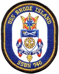 SSBN-740 USS Rhode Island 
Namesake. The U.S. state of Rhode Island
Ordered. 5 Jan 1988
Builder. General Dynamics Electric Boat, Groton, Connecticut
Laid down. 15 Sep 1988
Launched. 17 Jul 1993
Commissioned. 9 Jul 1994
Homeport. Kings Bay, GA
Motto. In Spe Pacis Perennis ("In hope of everlasting peace")
Status. in active service
Class and type. Ohio class ballistic missile submarine
Displacement:	
16,764 long tons (17,033 t) surfaced
18,750 long tons (19,050 t) submerged
Length. 560 ft (170 m)
Beam. 42 ft (13 m)
Draft. 38 ft (12 m)
Propulsion:	
1 × S8G PWR nuclear reactor (HEU 93.5%)
2 × geared turbines
1 × 325 hp (242 kW) auxiliary motor
1 × shaft @ 60,000 shp (45,000 kW)
Speed. Greater than 25 knots (46 km/h; 29 mph)
Test depth. Greater than 800 feet (240 m)
Complement. 15 officers, 140 enlisted
Armament:	
MK-48 torpedoes
20 × Trident II D-5 ballistic missiles

