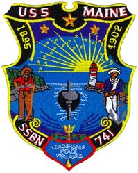 SSBN-741 USS Maine 
Namesake. The U.S. state of Maine
Ordered. 5 Oct 1988
Builder.	General Dynamics Electric Boat
Laid down. 3 July 1990
Launched. 16 Jul 1994
Commissioned. 29 Jul 1995
Motto. Leadership, Peace, Vigilance
Class and type. Ohio-class ballistic missile submarine
Displacement:	
16,764 long tons (17,033 t) surfaced
18,750 long tons (19,050 t) submerged
Length. 560 ft (170 m)
Beam. 42 ft (13 m)
Draft. 38 ft (12 m)
Propulsion:	
1 × S8G PWR nuclear reactor[1] (HEU 93.5%
2 × geared turbines
1 × 325 hp (242 kW) auxiliary motor
1 × shaft @ 60,000 shp (45,000 kW)
Speed. Greater than 25 knots (46 km/h; 29 mph)
Test depth. Greater than 800 feet (240 m)
Complement. 15 officers. 140 enlisted.
Armament:	
MK-48 torpedoes
20 × Trident II D-5 ballistic missiles

