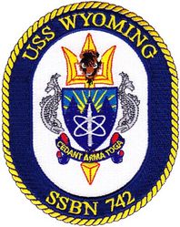 SSBN-742 USS Wyoming
Namesake. The U.S. state of Wyoming
Ordered. 18 Oct 1989
Builder. General Dynamics Electric Boat, Groton, Connecticut
Laid down. 8 Aug 1991
Launched. 15 Jul 1995
Commissioned. 13 Jul 1996
Homeport. Kings Bay, GA
Motto. Cedant Arma Togae ("Force must yield to law")Status. in active service
Class and type. Ohio class ballistic missile submarine
Displacement:	
16,764 long tons (17,033 t) surfaced
18,750 long tons (19,050 t) submerged
Length. 560 ft (170 m)
Beam. 42 ft (13 m)
Draft. 38 ft (12 m)
Propulsion:	
1 × S8G PWR nuclear reactor (HEU 93.5%)
2 × geared turbines
1 × 325 hp (242 kW) auxiliary motor
1 × shaft @ 60,000 shp (45,000 kW)
Speed. Greater than 25 knots (46 km/h; 29 mph)
Test depth. Greater than 800 feet (240 m)
Complement. 15 officers, 140 enlisted
Armament:	
MK-48 torpedoes
20 × Trident II D-5 ballistic missiles

