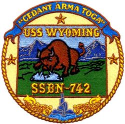SSBN-742 USS Wyoming
Namesake. The U.S. state of Wyoming
Ordered. 18 Oct 1989
Builder. General Dynamics Electric Boat, Groton, Connecticut
Laid down. 8 Aug 1991
Launched. 15 Jul 1995
Commissioned. 13 Jul 1996
Homeport. Kings Bay, GA
Motto. Cedant Arma Togae ("Force must yield to law")Status. in active service
Class and type. Ohio class ballistic missile submarine
Displacement:	
16,764 long tons (17,033 t) surfaced
18,750 long tons (19,050 t) submerged
Length. 560 ft (170 m)
Beam. 42 ft (13 m)
Draft. 38 ft (12 m)
Propulsion:	
1 × S8G PWR nuclear reactor (HEU 93.5%)
2 × geared turbines
1 × 325 hp (242 kW) auxiliary motor
1 × shaft @ 60,000 shp (45,000 kW)
Speed. Greater than 25 knots (46 km/h; 29 mph)
Test depth. Greater than 800 feet (240 m)
Complement. 15 officers, 140 enlisted
Armament:	
MK-48 torpedoes
20 × Trident II D-5 ballistic missiles

