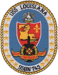 SSBN-743 USS Louisiana
Namesake. State of Louisiana
Ordered. 19 Dec 1990
Builder. General Dynamics Electric Boat
Laid down. 23 Oct 1992
Launched. 27 Jul 1996
Commissioned. 6 Sep 1997
Homeport. Bremerton, WA
Motto. Union, Justice, and Confidence
Honors and awards: Omaha Trophy 2006; Meritorious Unit Commendation (Blue Crew) 2009; Meritorious Unit Commendation (Gold Crew) 2009
Status. in active service
Class and type. Ohio class ballistic missile submarine
Displacement:	
16,764 long tons (17,033 t) surfaced
18,750 long tons (19,050 t) submerged
Length. 560 ft (170 m)
Beam. 42 ft (13 m)
Draft. 38 ft (12 m)
Propulsion:	
1 × S8G PWR nuclear reactor (HEU 93.5%)
2 × geared turbines
1 × 325 hp (242 kW) auxiliary motor
1 × shaft @ 60,000 shp (45,000 kW)
Speed. Greater than 25 knots (46 km/h; 29 mph)
Test depth. Greater than 800 feet (240 m)
Complement. 15 officers, 140 enlisted
Armament:	
MK-48 torpedoes
20 × Trident II D-5 ballistic missiles

