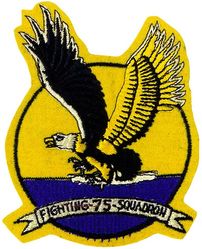 Fighter Squadron 75 (VF-75)
Established as Fighter Squadron SEVENTY FIVE A (VF-75A) on 1 Jun 1945. Redesignated Fighter Squadron SEVENTY FIVE (VF-75) on 1 Aug 1945; Fighter Squadron THREE B (VF-3B) on 15 Nov 1946; Fighter Squadron FORTY ONE (VF-41) (3rd) on 1 Sep 1948. Disestablished in Jun 1950.

Insignia approval date unknown, used from 1945-46. Us made, schiffli embroidery on wool.

Deployments.
8 Jan 1946-19 Mar 1946, CVB-42 USS Franklin D. Roosevelt, CVBG-75, Vought F4U-4 Corsair
8 Aug 1946-4 Oct 1946, 	CVB-42 USS Franklin D. Roosevelt, CVBG-75, Vought F4U-4 Corsair

