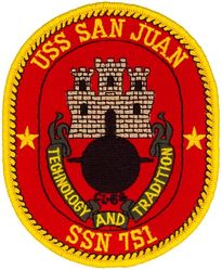 SSN-751 USS San Juan 
Namesake. The City of San Juan, PR
Awarded. 30 Nov 1982
Builder.	General Dynamics Electric Boat
Laid down. 9 Aug 1985
Launched. 6 Dec 1986
Commissioned.	6 Aug 1988
Motto. Technology and Tradition
Class and type. Los Angeles-class submarine
Displacement:	
5,790 long tons (5,883 t) light
6,197 long tons (6,296 t) full
407 long tons (414 t) dead
Length.	110.3 m (361 ft 11 in)
Beam. 10 m (32 ft 10 in)
Draft. 9.4 m (30 ft 10 in)
Installed power. nuclear
Propulsion:	
1 × S6G PWR nuclear reactor with D2W core (165 MW), HEU 93.5%
2 × steam turbines (33,500) shp
1 × shaft
1 × secondary propulsion motor 325 hp (242 kW)
Speed. Classified
Complement. 12 officers, 98 men
Sensors and processing systems. BSY-1 sonar suite combat system
Armament:	
4 × 21 in (533 mm) torpedo tubes
12 × vertical launch Tomahawk missiles


