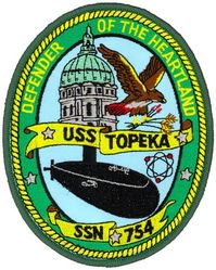 SSN-754 USS Topeka 
Namesake. The City of Topeka, KS
Awarded. 28 Nov 1983
Builder.	General Dynamics Electric Boat
Laid down. 13 May 1986
Launched. 23 Jan 1988
Commissioned.	21 Oct 1989
Homeport. Naval Station Pearl Harbor
Motto. Defender of the Heartland
Class and type. Los Angeles-class submarine
Displacement:	
5,726 long tons (5,818 t) light
6,131 long tons (6,229 t) full
405 long tons (411 t) dead
Length. 110.3 m (361 ft 11 in)
Beam. 10 m (32 ft 10 in)
Draft. 9.4 m (30 ft 10 in)
Propulsion:	
1 × S6G PWR nuclear reactor with D2W core (165 MW), HEU 93.5%
2 × steam turbines (33,500) shp
1 × shaft
1 × secondary propulsion motor 325 hp (242 kW)
Test depth. 400 m (1,312 ft)
Complement. 12 officers, 98 men
Armament:
4 × 21 in (533 mm) bow tubes
12 × vertical launch Tomahawk missiles

