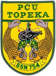 SSN-754 USS Topeka Pre-Commissioning Unit
Namesake. The City of Topeka, KS
Awarded. 28 Nov 1983
Builder.	General Dynamics Electric Boat
Laid down. 13 May 1986
Launched. 23 Jan 1988
Commissioned.	21 Oct 1989
Homeport. Naval Station Pearl Harbor
Motto. Defender of the Heartland
Class and type. Los Angeles-class submarine
Displacement:	
5,726 long tons (5,818 t) light
6,131 long tons (6,229 t) full
405 long tons (411 t) dead
Length. 110.3 m (361 ft 11 in)
Beam. 10 m (32 ft 10 in)
Draft. 9.4 m (30 ft 10 in)
Propulsion:	
1 × S6G PWR nuclear reactor with D2W core (165 MW), HEU 93.5%
2 × steam turbines (33,500) shp
1 × shaft
1 × secondary propulsion motor 325 hp (242 kW)
Test depth. 400 m (1,312 ft)
Complement. 12 officers, 98 men
Armament:
4 × 21 in (533 mm) bow tubes
12 × vertical launch Tomahawk missiles

