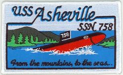 SSN-758 USS Asheville
Namesake. Asheville, NC
Awarded. 26 Nov 1984
Builder. Newport News Shipbuilding and Dry Dock Company
Laid down. 9 Jan 1987
Launched. 24 Feb 1990
Christened. 28 Oct 1989
Commissioned.	28 Sep 1991
Motto. From The Mountains, To The Seas
Nickname. The Ghost of the Coast
Class and type. Los Angeles-class submarine
Displacement. 6000 tons light, 6927 tons full, 927 tons dead
Length. 362 ft (110 m)
Beam. 33 ft (10 m)
Draft. 31 ft (9.4 m)
Propulsion:	
1 × S6G PWR nuclear reactor with D2W core (165 MW), HEU 93.5%
2 × steam turbines (33,500) shp
1 × shaft
1 × secondary propulsion motor 325 hp (242 kW)
Speed:
Surfaced. 20 knots (23 mph; 37 km/h) 
Submerged. +20 knots (23 mph; 37 km/h) (official)
Complement. 20 officers, 110 enlisted
Sensors and processing systems. BQQ-5 passive sonar, BQS-15 detecting and ranging sonar, WLR-8 fire control radar receiver, WLR-9 acoustic receiver for detection of active search sonar and acoustic homing torpedoes, BRD-7 radio direction finder
Electronic warfare & decoys. WLR-10 countermeasures set
Armament. 4 × 21 in (533 mm) bow tubes, 10 Mk48 ADCAP torpedo reloads, Tomahawk land attack missile block 3 SLCM range 1,700 nautical miles (3,100 km), Harpoon anti–surface ship missile range 70 nautical miles (130 km), mine laying Mk67 mobile Mk60 captor mines

