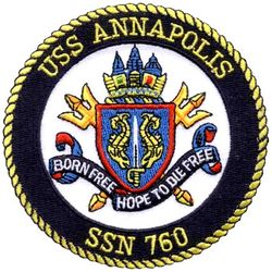 SSN-760 USS Annapolis
Namesake. Annapolis, Maryland
Awarded. 21 Mar 1986
Builder. General Dynamics Electric Boat
Laid down. 15 Jun 1988
Launched. 18 May 1991
Sponsored by. Mrs. Myra F. Kauderer
Commissioned. 11 Apr 1992
Homeport. San Diego, California
Motto. Born Free, Hope to Die Free
Class and type. Los Angeles-class submarine
Displacement:
6,000 long tons (6,096 t) light (surfaced)
6,927 long tons (7,038 t) full (dived)
927 long tons (942 t) dead
Length. 110.34 m (362 ft 0 in)
Beam. 10.06 m (33 ft 0 in)
Draft. 9.75 m (32 ft 0 in)
Depth. 122 m (400 ft)
Propulsion:
1 × S6G PWR nuclear reactor with D2W core (165 MW), HEU 93.5%
2 × steam turbines (33,500) shp
1 × shaft
1 × secondary propulsion motor 325 hp (242 kW)
Speed. 25 knots (46 km/h; 29 mph)+
Complement. 12 officers, 115 men
Sensors and processing systems. BQQ-10 Sonar; BPS-15 Surface Search Radar;
Armament:
4 × 21 in (533 mm) torpedo tubes
12 × Vertical Launch Tomahawk tubes
Mark 48 ADCAP torpedoes
Tomahawk missiles
CAPTOR mine
