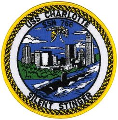 SSN-766 USS Charlotte 
Namesake. The city of Charlotte, North Carolina
Awarded. 6 Feb 1987
Builder. Newport News Shipbuilding and Drydock Company
Laid down. 17 Aug 1990
Launched. 3 Oct 1992
Sponsored by. Mrs. Mary McCormack
Commissioned. 16 Sep 1994
Motto. Silent Stinger
Class and type. Los Angeles-class submarine
Displacement:	
6,000 long tons (6,096 t) light
6,927 long tons (7,038 t) full
927 long tons (942 t) dead
Length. 110.3 m (361 ft 11 in)
Beam. 10 m (32 ft 10 in)
Draft. 9.4 m (30 ft 10 in)
Propulsion:	
1 × S6G PWR nuclear reactor with D2W core (165 MW), HEU 93.5%[1][2]
2 × steam turbines (33,500) shp
1 × shaft
1 × secondary propulsion motor 325 hp (242 kW)
Complement	12 officers, 98 men
Armament:	
4 × 21 in (533 mm) torpedo tubes
10 × Mark 48 ADCAP torpedoes
Tomahawk missiles
Harpoon missiles
Mark 67 Submarine Launched Mobile Mines
Mark 60 CAPTOR mines

