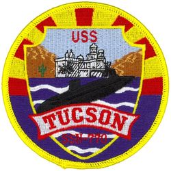 SSN-770 USS Tucson 
Namesake. City of Tucson
Operator.  United States Navy
Ordered. 10 Jun 1988
Awarded. 16 Sep 1989
Builder.	Newport News Shipbuilding and Dry Dock Company
Laid down. 15 Aug 1991
Launched. 20 Mar 1994
Sponsored by. Mrs. Diane C. Kent
Commissioned. 	18 Aug 1995 postponed to (9 Sep 1995)
Class and type. Los Angeles-class submarine
Displacement. 6,000 tons light, 6,927 tons full, 927 tons dead
Length.	362 ft (110 m)
Beam. 33 ft (10 m)
Draft. 31 ft (9.4 m)
Propulsion:	
1 × S6G PWR nuclear reactor with D2W core (165 MW), HEU 93.5%
2 × steam turbines (33,500) shp
1 × shaft
1 × secondary propulsion motor 325 hp (242 kW)
Test depth. 470–500 m (1,542–1,640 ft)
Complement. 12 officers, 98 enlisted
Armament:	
4 × 21 in (533 mm) torpedo tubes
12 × vertical launch Tomahawk missiles

