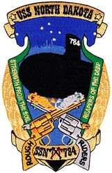 SSN-784 USS North Dakota  
Namesake. The U.S. state of North Dakota
Awarded. 14 Aug 2003
Builder. General Dynamics Electric Boat
Laid down. 11 May 2012
Launched. 15 Sep 2013
Christened. 2 Nov 2013
Commissioned. 25 Oct 2014
Homeport. Naval Submarine Base New London, CT
Motto. Strength from the Soil, Reapers of the Deep
Status. in active service
Class and type. Virginia-class fast-attack submarine
Displacement. app. 7800 long tons (7925 metric tons) submerged
Length. 114.9 meters (377 feet)
Beam. 10.3 meters (34 feet)
Propulsion:	
1 × S9G PWR nuclear reactor 280,000 shp (210 MW), HEU 93%
2 × steam turbines 40,000 shp (30 MW)
1 × single shaft pump-jet propulsor
1 × secondary propulsion motor
Speed. 25 knots (46 km/h)
Range. Essentially unlimited distance; 33 years
Test depth. greater than 800 feet (240 meters)
Complement. 134 officers and men
Armament: 12 × VLS (BGM-109 Tomahawk cruise missile) 4 × 533mm torpedo tubes (Mk-48 ADCAP torpedo)

