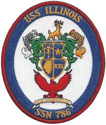 SSN-786 USS Illinois
Namesake. State of Illinois
Awarded. 22 Dec 2008
Builder. General Dynamics Electric Boat
Laid down. 2 Jun 2014
Launched. 8 Aug 2015
Christened. 10 Oct 2015
Acquired. 27 Aug 2016
Commissioned. 29 Oct 2016
Homeport. Pearl Harbor, HI
Motto. Nemo Magis Fortiter ("None more brave") 
Status. in active service
Class and type. Virginia-class fast-attack submarine
Displacement. app. 7800 long tons (7925 metric tons) submerged
Length. 114.9 meters (377 feet)
Beam. 10.3 meters (34 feet)
Propulsion:	
1 × S9G PWR nuclear reactor 280,000 shp (210 MW), HEU 93%
2 × steam turbines 40,000 shp (30 MW)
1 × single shaft pump-jet propulsor
1 × secondary propulsion motor
Speed. 25 knots (46 km/h)
Range. Essentially unlimited distance; 33 years
Test depth. greater than 800 feet (240 meters)
Complement. 134 officers and men
Armament: 12 × VLS (BGM-109 Tomahawk cruise missile) 4 × 533mm torpedo tubes (Mk-48 ADCAP torpedo)

