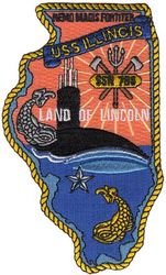 SSN-786 USS Illinois
Namesake. State of Illinois
Awarded. 22 Dec 2008
Builder. General Dynamics Electric Boat
Laid down. 2 Jun 2014
Launched. 8 Aug 2015
Christened. 10 Oct 2015
Acquired. 27 Aug 2016
Commissioned. 29 Oct 2016
Homeport. Pearl Harbor, HI
Motto. Nemo Magis Fortiter ("None more brave") 
Status. in active service
Class and type. Virginia-class fast-attack submarine
Displacement. app. 7800 long tons (7925 metric tons) submerged
Length. 114.9 meters (377 feet)
Beam. 10.3 meters (34 feet)
Propulsion:	
1 × S9G PWR nuclear reactor 280,000 shp (210 MW), HEU 93%
2 × steam turbines 40,000 shp (30 MW)
1 × single shaft pump-jet propulsor
1 × secondary propulsion motor
Speed. 25 knots (46 km/h)
Range. Essentially unlimited distance; 33 years
Test depth. greater than 800 feet (240 meters)
Complement. 134 officers and men
Armament: 12 × VLS (BGM-109 Tomahawk cruise missile) 4 × 533mm torpedo tubes (Mk-48 ADCAP torpedo)


