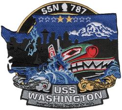 SSN-787 USS Washington
Namesake. State of Washington
Awarded. 22 Dec 2008
Builder. Newport News Shipbuilding
Laid down. 22 Nov 2014
Launched. 13 Apr 2016
Christened. 5 Mar 2016
Acquired. 26 May 2017
Commissioned. 7 Oct 2017
Homeport. Naval Station Norfolk, VA
Motto. "Preserving Peace, Prepared for War" 
Status. in active service
Class and type. Virginia-class fast-attack submarine
Displacement. app. 7800 long tons (7925 metric tons) submerged
Length. 114.9 meters (377 feet)
Beam. 10.3 meters (34 feet)
Propulsion:	
1 × S9G PWR nuclear reactor 280,000 shp (210 MW), HEU 93%
2 × steam turbines 40,000 shp (30 MW)
1 × single shaft pump-jet propulsor
1 × secondary propulsion motor
Speed. 25 knots (46 km/h)
Range. Essentially unlimited distance; 33 years
Test depth. greater than 800 feet (240 meters)
Complement. 134 officers and men
Armament: 12 × VLS (BGM-109 Tomahawk cruise missile) 4 × 533mm torpedo tubes (Mk-48 ADCAP torpedo)

