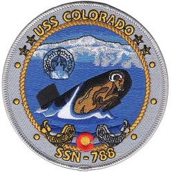 SSN-788 USS Colorado
Namesake. The State of Colorado
Awarded. 22 Dec 2008
Builder. General Dynamics Electric Boat
Laid down. 7 Mar 2015
Launched. 29 Dec 2016
Christened. 3 Dec 2016
Commissioned. 17 Mar 2018[
Homeport. Groton, CT
Motto. Terra Marique Indomita (By land and sea, untamed) 
Status. in active service
Class and type. Virginia-class fast-attack submarine
Displacement. app. 7800 long tons (7925 metric tons) submerged
Length. 114.9 meters (377 feet)
Beam. 10.3 meters (34 feet)
Propulsion:	
1 × S9G PWR nuclear reactor 280,000 shp (210 MW), HEU 93%
2 × steam turbines 40,000 shp (30 MW)
1 × single shaft pump-jet propulsor
1 × secondary propulsion motor
Speed. 25 knots (46 km/h)
Range. Essentially unlimited distance; 33 years
Test depth. greater than 800 feet (240 meters)
Complement. 134 officers and men
Armament: 12 × VLS (BGM-109 Tomahawk cruise missile) 4 × 533mm torpedo tubes (Mk-48 ADCAP torpedo)

