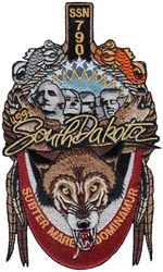 SSN-790 USS South Dakota
 Namesake. The state of South Dakota
Awarded. 22 Dec 2008
Builder. General Dynamics Electric Boat
Laid down. 4 Apr 2016
Christened. 14 Oct 2017
Acquired. 24 Sep 2018
Commissioned. 2 Feb 2019
Homeport. Groton, Connecticut
Motto. Subter Mare Dominamur “Under the sea we rule”
Status. In active service
Class and type. Virginia-class fast-attack submarine
Displacement. 7800 tons light, 7800 tons full
Length. 114.9 meters (377 feet)
Beam. 10.3 meters (34 feet)
Propulsion:	
1 × S9G PWR nuclear reactor 280,000 shp (210 MW), HEU 93%
2 × steam turbines 40,000 shp (30 MW)
1 × single shaft pump-jet propulsor
1 × secondary propulsion motor
Speed. 25 knots (46 km/h)
Range. Essentially unlimited distance; 33 years
Test depth. greater than 800 feet (240 meters)
Complement. 134 officers and me
Armament. 12 VLS tubes, four 21 inch (530 mm) torpedo tubes for Mk-48 torpedoes 
BGM-109 Tomahawk

