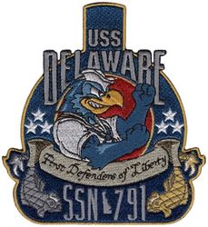 SSN-791 USS Delaware
Namesake. State of Delaware
Awarded. 22 Dec 2008
Builder. Newport News Shipbuilding
Laid down. 30 Apr 2016
Launched. 14 Dec 2018
Christened. 20 Oct 2018
Acquired. 25 Oct 2019
Commissioned. 4 Apr 2020
Homeport. Groton, CT
Status. Active Service
Class and type. Virginia-class fast-attack submarine
Displacement. 7800 tons light, 7800 tons full
Length. 114.9 m (377 ft)
Beam. 10.3 m (34 ft)
Propulsion:	
1 × S9G PWR nuclear reactor[6] 280,000 shp (210 MW), HEU 93%
2 × steam turbines 40,000 shp (30 MW)
1 × single shaft pump-jet propulsor
1 × secondary propulsion motor
Speed. 25 knots (46 km/h; 29 mph)
Range. Essentially unlimited distance; 33 years
Test depth. greater than 800 ft (240 m)
Complement. 134 officers and men
Armament. 12 VLS tubes, four 21 inch (530 mm) torpedo tubes for Mk-48 torpedoes 
BGM-109 Tomahawk

