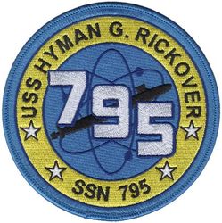 SSN-795 USS Hyman G Rickover 
Namesake. Admiral Hyman G. Rickover
Ordered. 28 Apr 2014
Builder. General Dynamics Electric Boat, Groton, CT
Laid down. 11 May 2018
Launched. 26 Aug 2021
Christened. 31 Jul 2021
Commissioned. 14 Oct 2023
Homeport. Groton, CT
Motto. Committed to Excellence
Status. in active service
Class and type. Virginia-class fast-attack submarine
Displacement. 7,800 tons
Length. 377 ft (115 m)
Beam. 34 ft (10.4 m)
Draft. 32 ft (9.8 m)
Propulsion. S9G reactor, auxiliary diesel engine
Speed. 25 knots (46 km/h)
Test depth. greater than 800 ft (244 m)
Complement. 134 officers and men
Armament:
12 VPT tubes for BGM-109 Tomahawk, four 21 inch (530 mm) torpedo tubes for Mk-48 torpedoes


